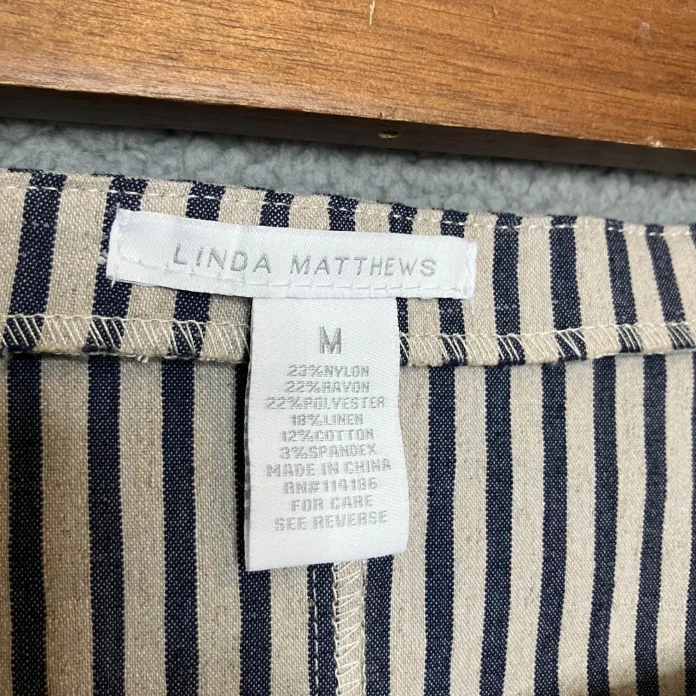 NWOT Linda Matthews Pencil Skirt Women M Navy Oatmeal Linen Blend Striped Belted